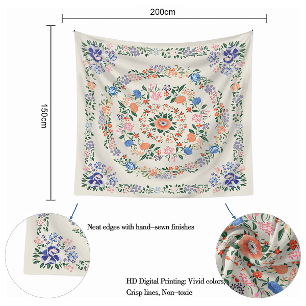 Mandala-veggteppe med blomstermedaljong, blomsterplante-skisse