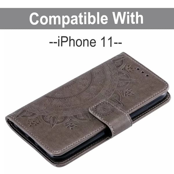 iPhone 11 - Lompakkokotelo Mandala - Harmaa Auringonkukkatooteemipuhelinkuori