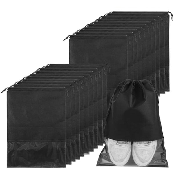 Reseskopåsar med Transparent Fönsterdesign, 20 st Stora Svarta Non-woven Tygpåsar för Skor, Dragsko, Vattentäta och Dammtäta