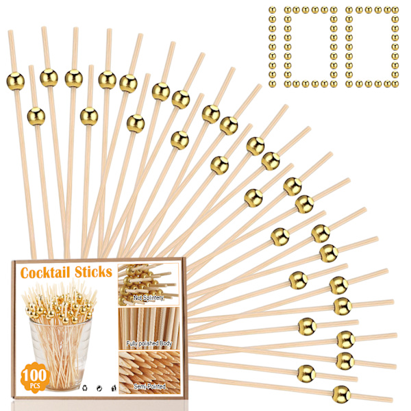 100 stk. Destiny Gyldne Perle Bambus Spid Frugtgaffel