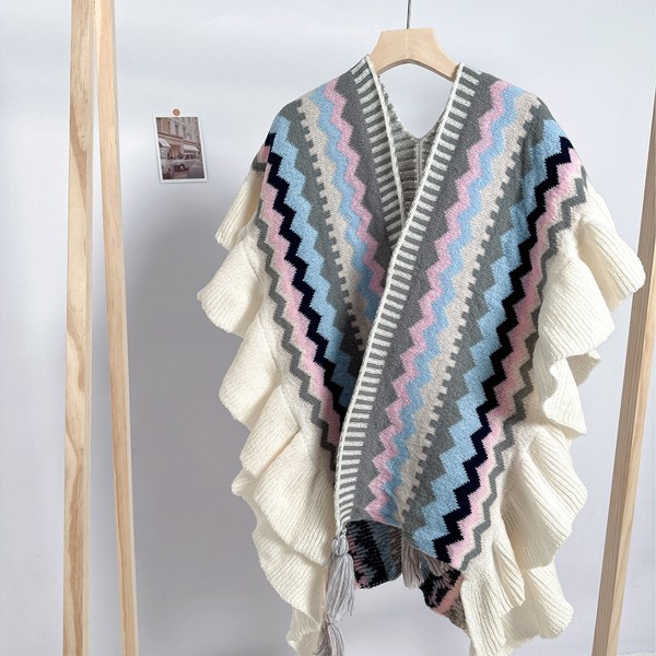 Stickad sjal wrap poncho cape för kvinnor, dam stickad kofta