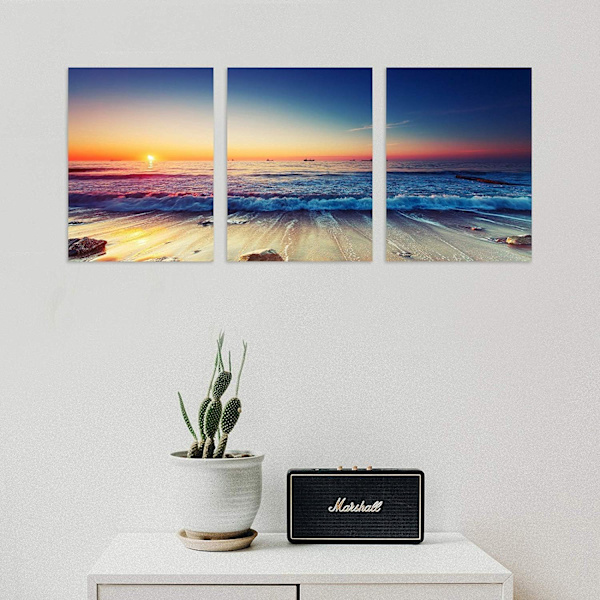3-Panel Strand Canvas Væghængning til Hjemmedekor Blå Hav Solnedgang Whi