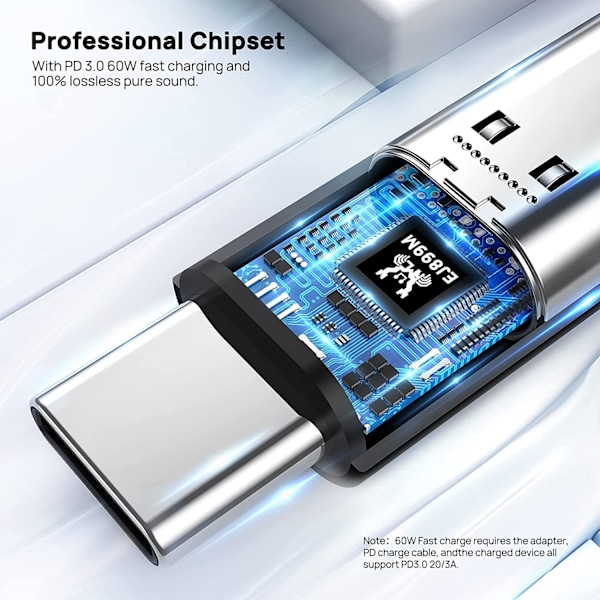 USB-C Splitter, Dobbelt USB-C Hovedtelefoner og Oplader Adapter med