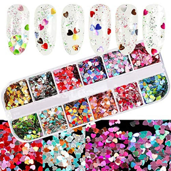 3D-form Lasermetall 12 lådor Nagelglitter Paljetter Nagelkonst Dekorationer Kromatisk Skönhet Holografisk Paillette Tips (Hjärta)