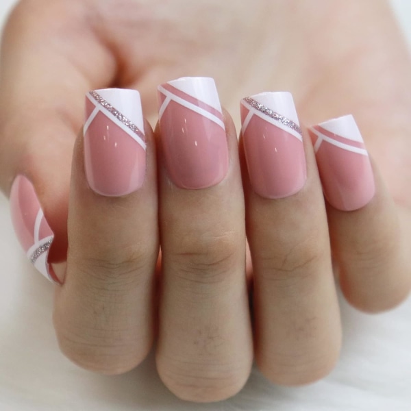 Franska falska naglar, 24 st Rosa lösnaglar Medium Square Cover Nageltips för kvinnor och flickor
