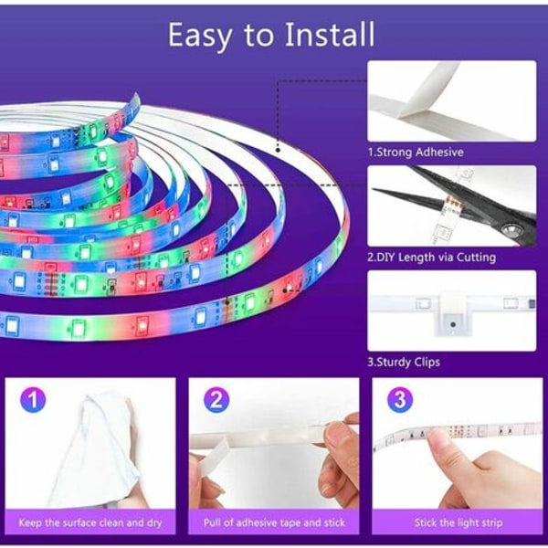 Intelligent LED-lysstripe med Bluetooth 5m WS2812B - Med fjernkontroll + app, synkroniser med musikkrytme/funksjon