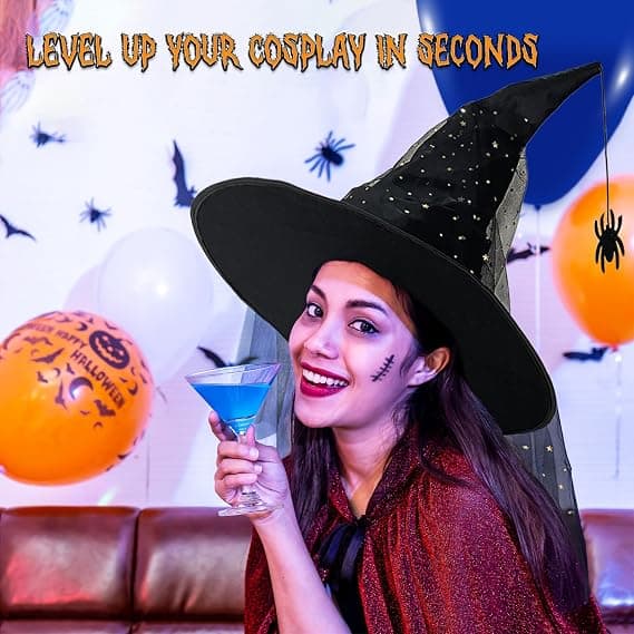 Halloween COS Troldmands-/Heksehat, Maskeradebal og Rollespilsfester, Edderkoppevedhæng og Stjernetyl Heksehat