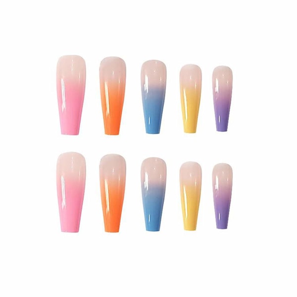 48 st Press on Nails Kista, Långa falska naglar Regnbåge Gradient Färg Blank Akryl Ballerina lösnaglar för kvinnor och flickor (regnbåge)
