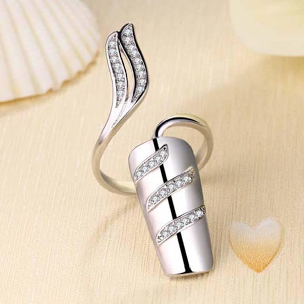 1 Set/ 4 st Rhinestone Fingernail Ring Finger Tip Justerbar Öppning Nail Art Charms Tillbehör för Kvinnor Flickor, Silver