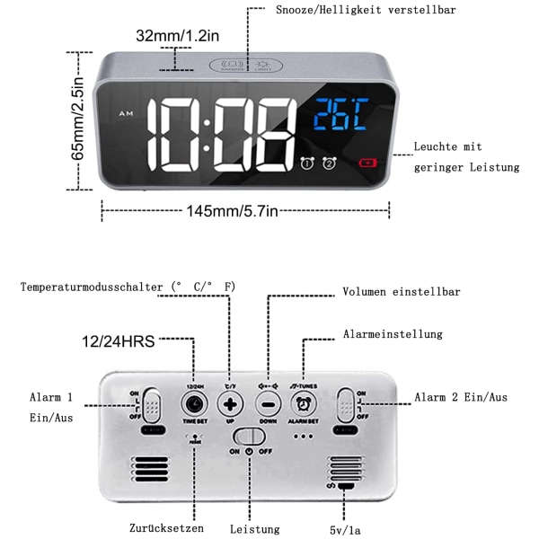 Digital väckarklocka, väckarklocka med snooze-funktion, laddning via USB-anslutning