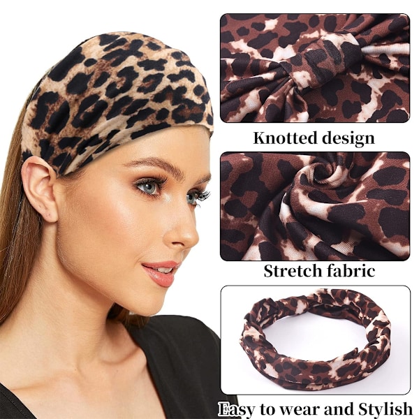 Stretchiga Hårband, Snabbtorkande Boho Pannband Halkfria Hårband Svettabsorberande Leopardtryck Bohemisk Stil för Kvinnor (6 st)