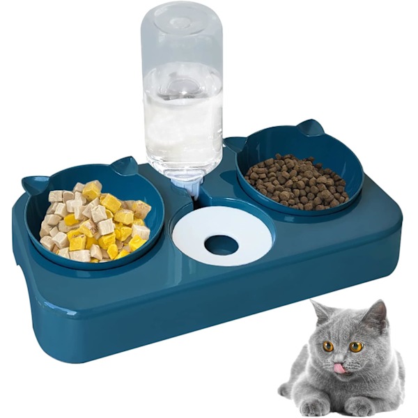 Katteskåler, Dyreskål, Dyreskål, Katteskål for Vann og Mat 3 i 1 Automatisk Vannutdeler Perfekt Tiltbar Beskyttende Hals for Katt og Hund (Blå)