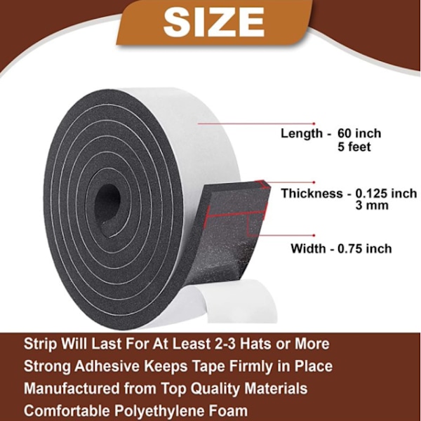 Hattbandrulle 20 mm bred*2 meter lång*2 mm tjock - Storleksreducerare i skum för skyddshjälmar - Insats för storleksjustering av kepsar - för Fedora, baseballkepsar, Panama,