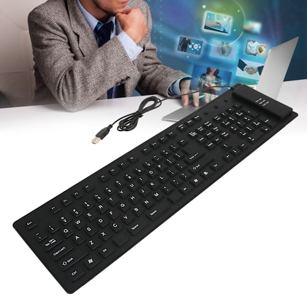 109 Taster Foldbart Silikon Tastatur Stille Vandafvisende Støvbestandig USB Kabelforbundet Fleksibelt Tastatur til Desktop Laptop Hjem Kontor Sort