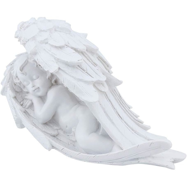 Mindegave, Sovende Baby på Englesvinger Figur, Polyresin, Vejr- og Frostbestandig, Ornament