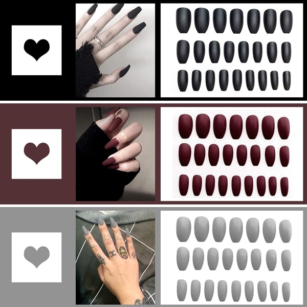 72st Salong Fake Nails Cover Matte kistnaglar Akryl Nails Art Tips Set för kvinnor, tre färger Black+Wine Red+Grey