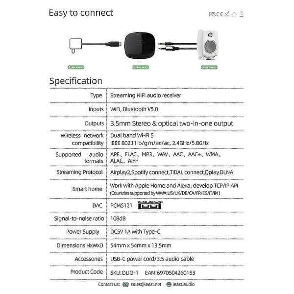 Trådløs Wifi 2 4g/5g & Bluetooth 5.0 Audio Receiver Musikafspiller Multi Room Push System Understøtter A