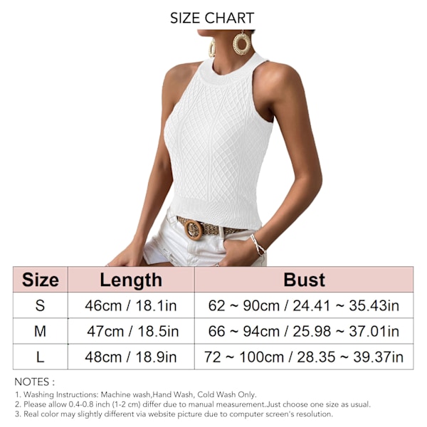 Dame Halter Tanktop til Sommer Kabelstrikket Casual Slim Fit Ren Farve Ærmeløs Skjorte Hvid S