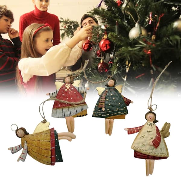 Elegante engler i tre til å henge opp, rustikke julepynt til juletrepynt, klassisk design av kvalitetsmateriale (4 stk)