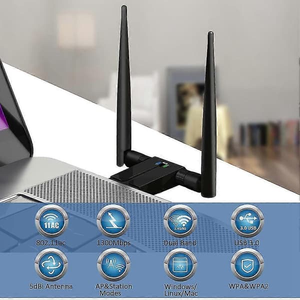 1300mbps Wifi Le Dual Usb Wifi -sovitin pöytätietokoneelle, Usb 3.0 Pc Wifi -sovitin /10/8/7