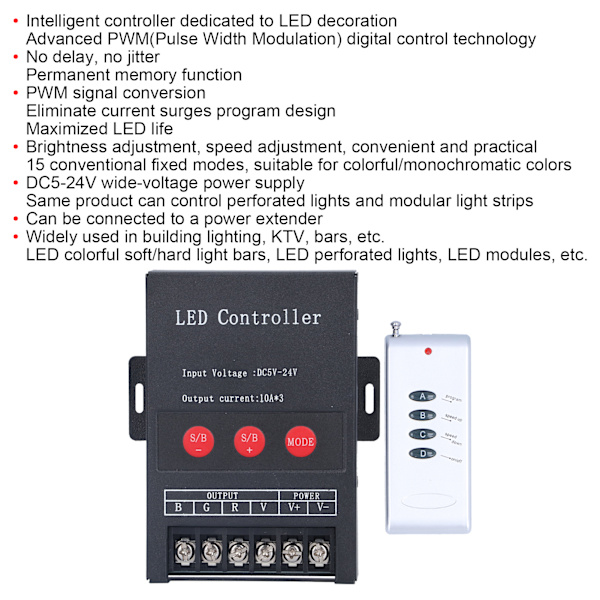 RGB LED Controller PWM Digital til Farverigt Strip Light Projekt med Fjernbetjening 5V‑12V‑24V