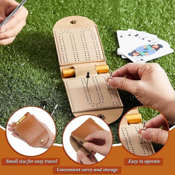 2 sæt bærbart Cribbage-brætspil i læder, rejsespil, hvert sæt med 4 metal-pinde, 1 mini-Cribbage-bræt, 2 baner