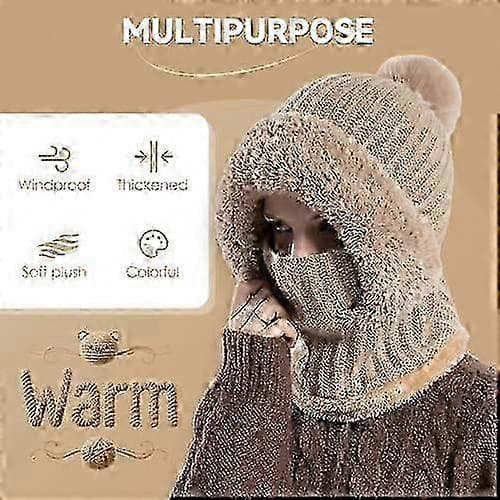 Vindtät och varm stickad vintermössa med fleecefoder för kvinnor med halsvärmare, balaklava-snood 5 5