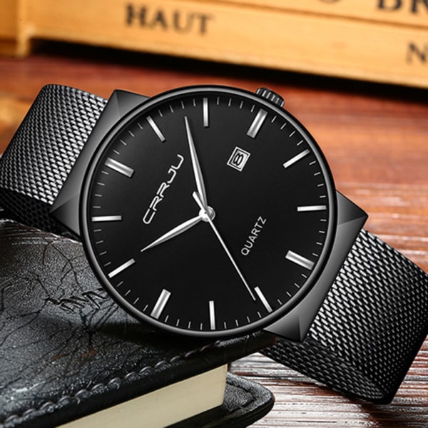 Men's Watch Ultra Thin Waterproof Wrist Watch Men Fashion with Black Stainless Steel Strap Mesh Analog Quartz Business Men Watches