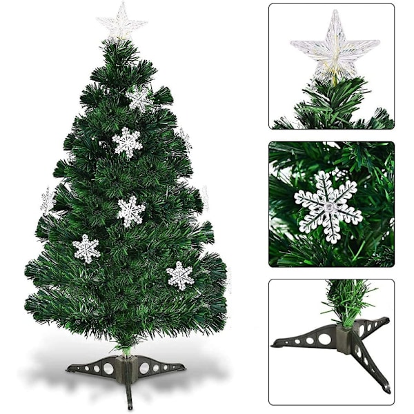 Förbelyst 90 cm fiberoptisk julgran med metallstativ, konstgjord julgran med flamskyddade blad, komplett julgran för helgdagar