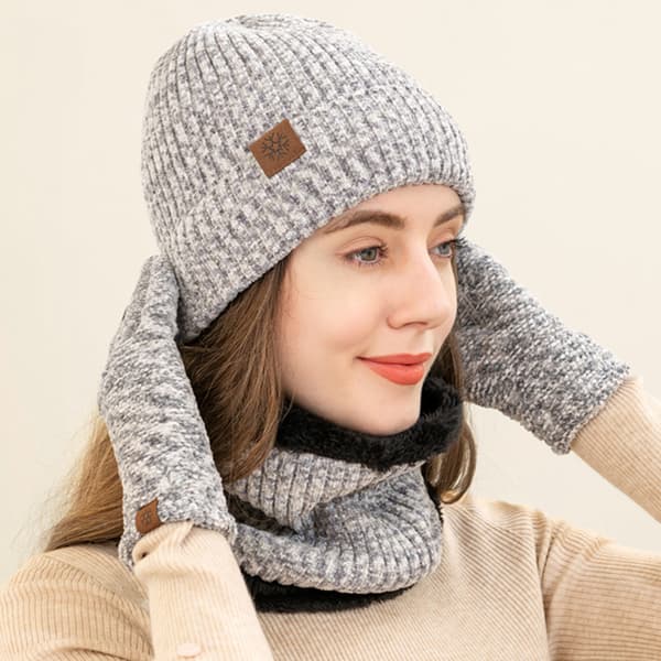 Halsduk Pekskärmshandskar Stor Hatt Halsduk Handskar Set Tjock Stickad Mössa Middle gray+light gray
