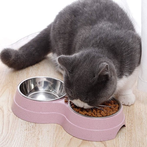 Rustfrit Stål Katteskål 2 i 1 Anti-Gluttonøs Katte- og Hundeskål, Langsom Foder Skål Interaktiv Skridsikker Dyreskål