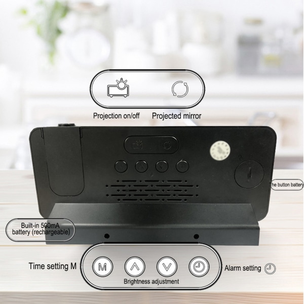 Spegelprojektionsklocka LED stor skärmvisning tyst snooze