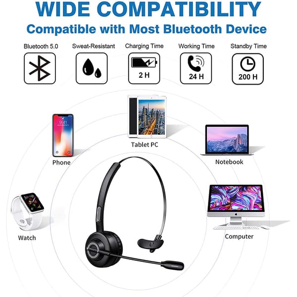 Bluetooth Headset, V5.0 Trådløst Business Headset med Boom Mikrofon, Egnet til Mobiltelefon/Tablet/Computer, Over-Head Håndfrit Headset til Opkald