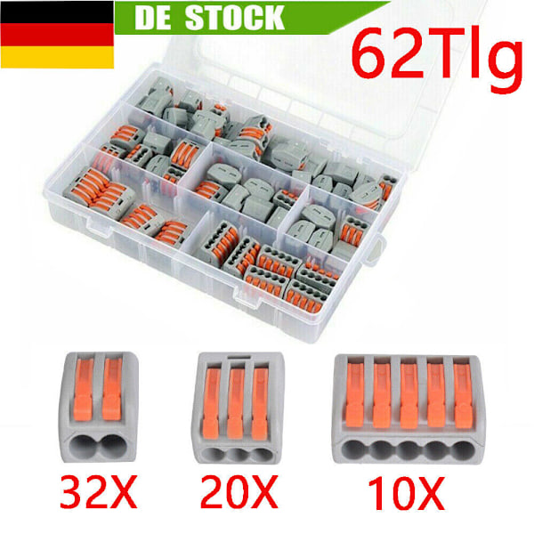 62Tlg Klemmen för Wago Klemmen 222 Serie Anslutningsklämmor Dosklämmor Set DE
