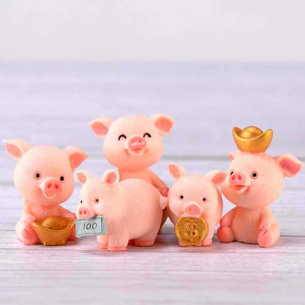 5 Stykker Lykkegrise Miniature Gris Figur til Mikrolandskab Gi