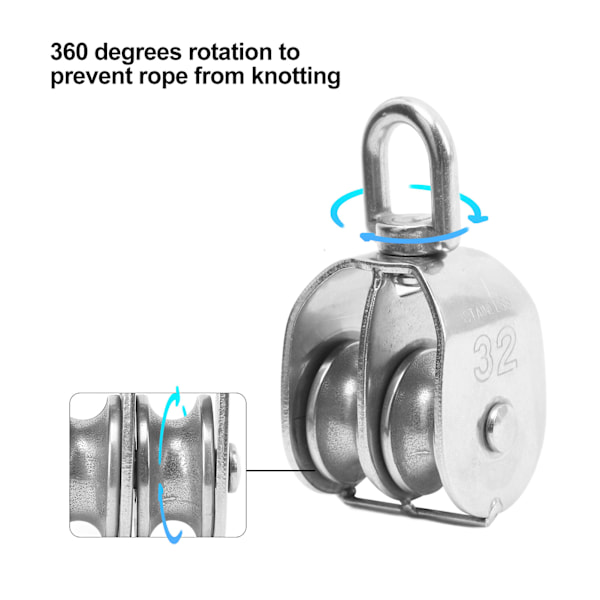 2PCS Dubbel remskiva block M32 rullhjul rostfritt stål 360 graders rotation remskiva för kabellyft
