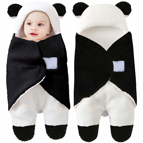Söt Panda Design Babyfilt, Andningsbar Inslagning för Nyfödda, Allergivänlig Kashmirblandning, Justerbar för 0-6 Månader, Multifunktionell i Svart