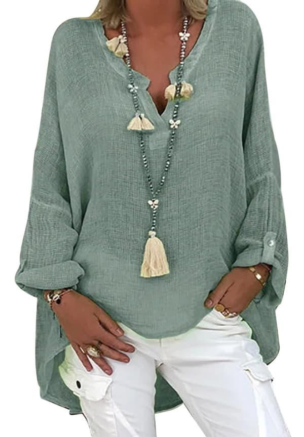Linen bluse dame bluse tunika V-hals bluse skjorte langærmet skjorte