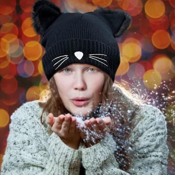Strikkede huer til kvinder, Vinter Varm Sød Katteører Beanie Hue, Varm Vint