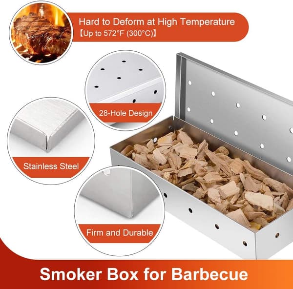 BBQ Røgboks til Kulgrillning, Flere Røghuller for Forbedret Smag, Let-Vendbart Hængslet Låg for Hurtig Udskiftning af Træflis, Holdbart Rustfrit Stål