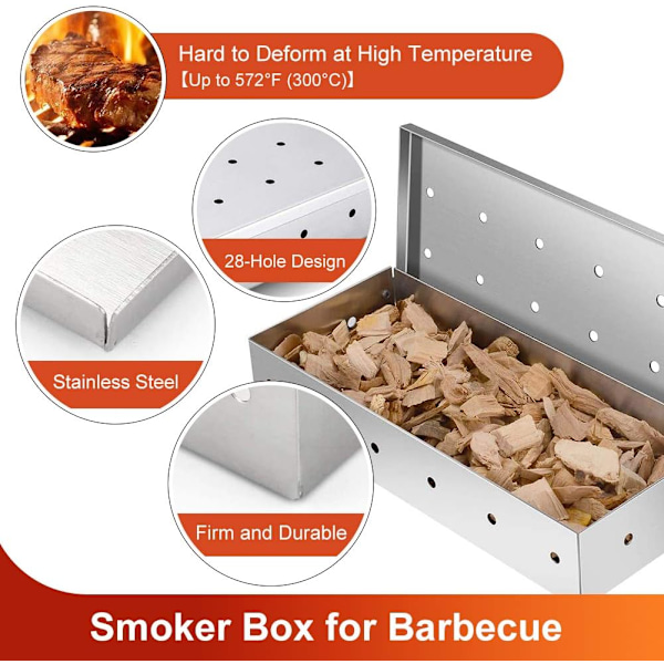 BBQ Rökbox för Kolgrillning, Fler Rökventiler för Förbättrad Smak, Lättöppnat Gångjärnslock för Snabbt Byte av Träflis, Hållbart Rostfritt Stål