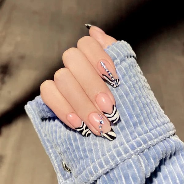 BABALAL Rhinestone Press on Nails Zebra Franska False Nails Lång kista Akryl Nageltips Glänsande UV Gel Naglar för kvinnor och tjejer 24st