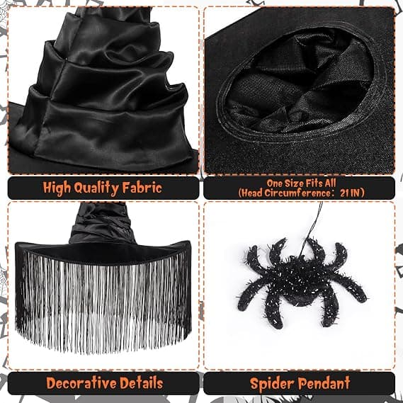 Halloween COS Trollmann/Heksehatt, Maskeradeball og Rollespillfester, Svart Edderkopp Dusk Buet-Brems Hatt