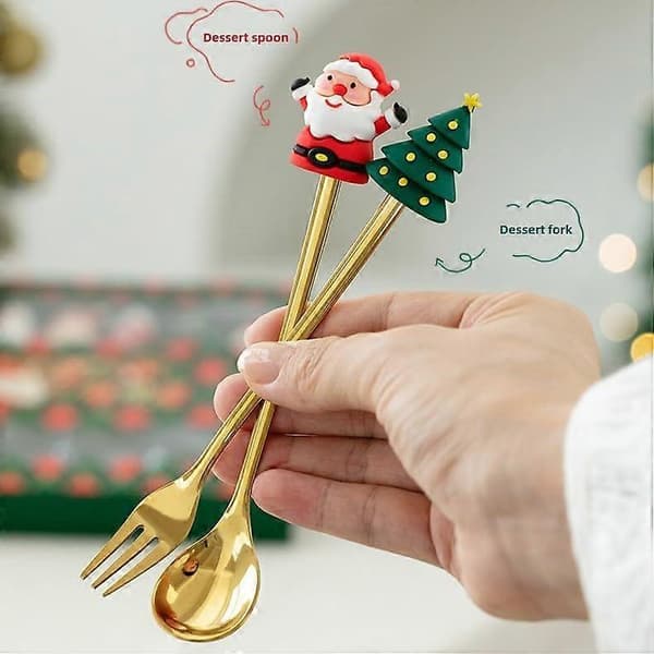 Julbestickset 2 delar rostfritt stål sked och gaffel med festlig juldesign presentförpackning