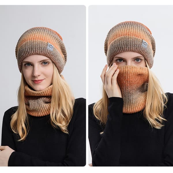 Virkat stickad mössa och halsduk set för kvinnor, stickade vintermössor, varm vinter skidmössa tangerine