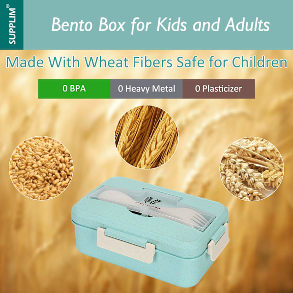 Bentoboks for barn og voksne - lunsjboks med 3 rom, hvetefiber