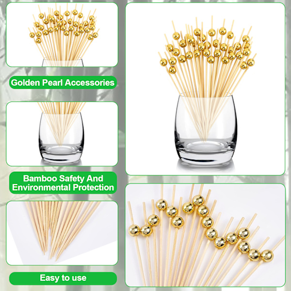 100 stk. Destiny Gyldne Perle Bambus Spid Frugtgaffel