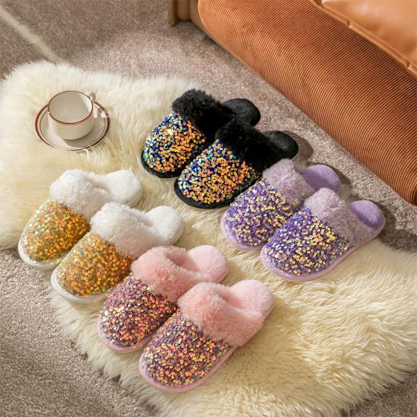 Bomullstofflor dam sequined mode plyschtofflor hem inomhus