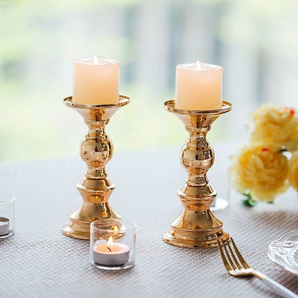 Set of 2 Candlestick Metal Pillar Candle Holders, Gold Pillar