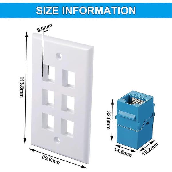 2-pak 6-ports Ethernet vægplade, Rj45 Cat6 hun til hun jack inline koblingsplader Ethernet-kabel